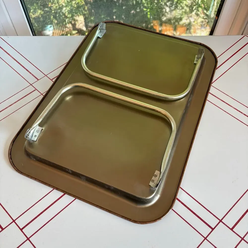 Vintage Faux Bois Metal Folding Lap Tray Gold Tone Legs MCM